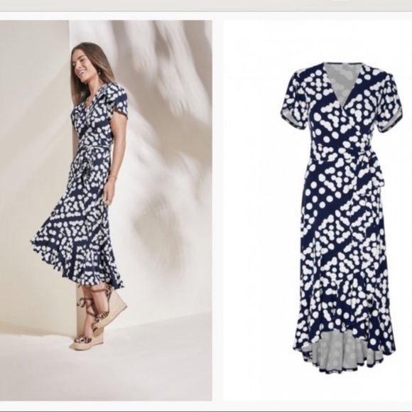 CAbi The Perfect Wrap Dress Navy White, size  M - Picture 2 of 4